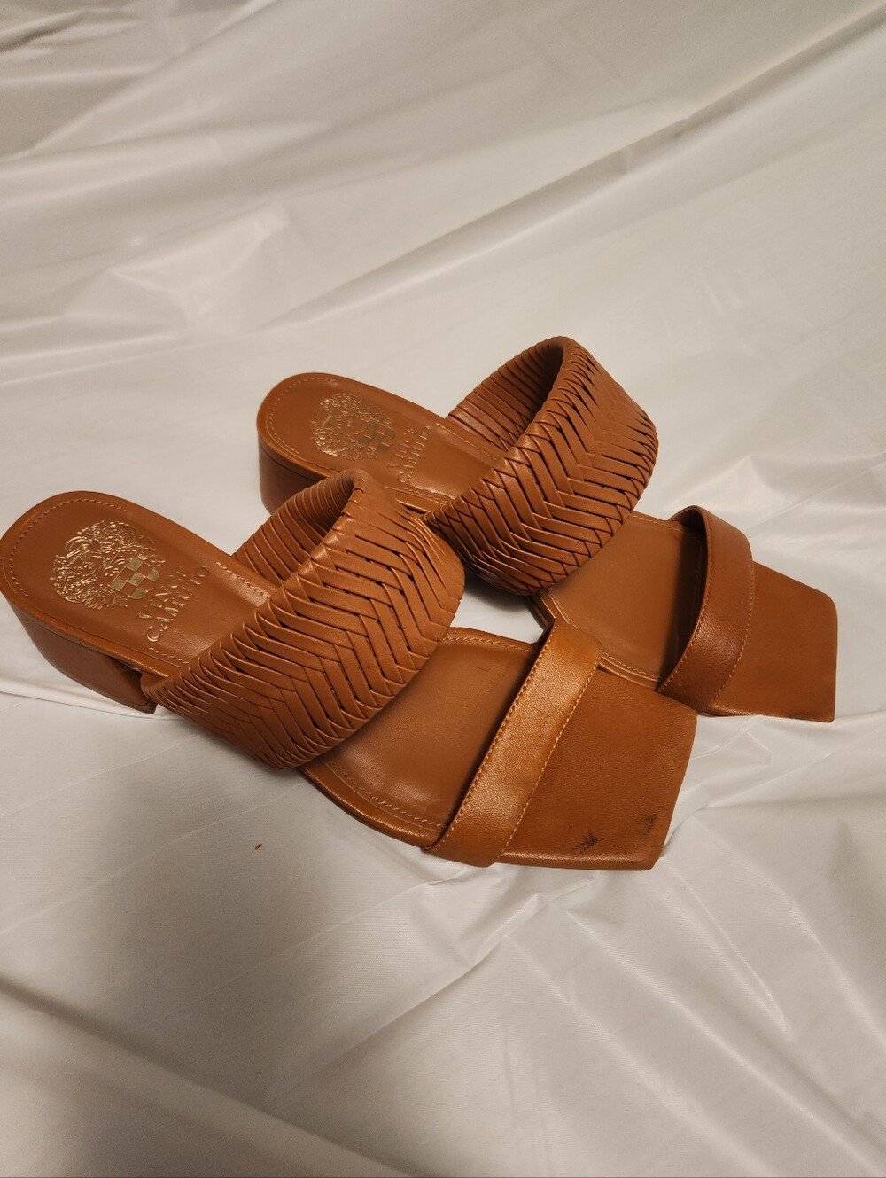 Vince Camuto Woven Strap Tan Slide Heels – Women's Fashion Sandals